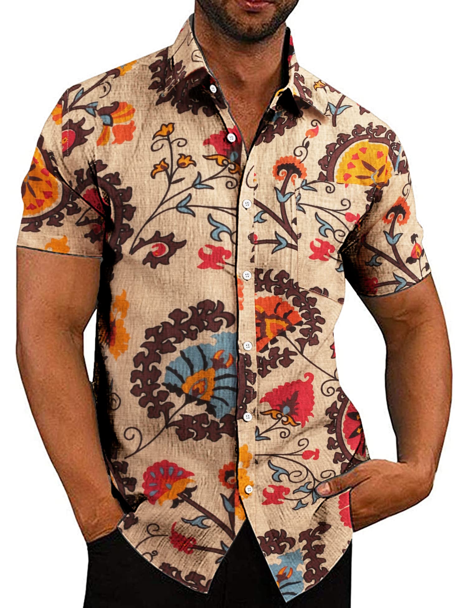 COOFANDY Men's Casual Linen Button Down Shirt Short Sleeve Beach Shirt
