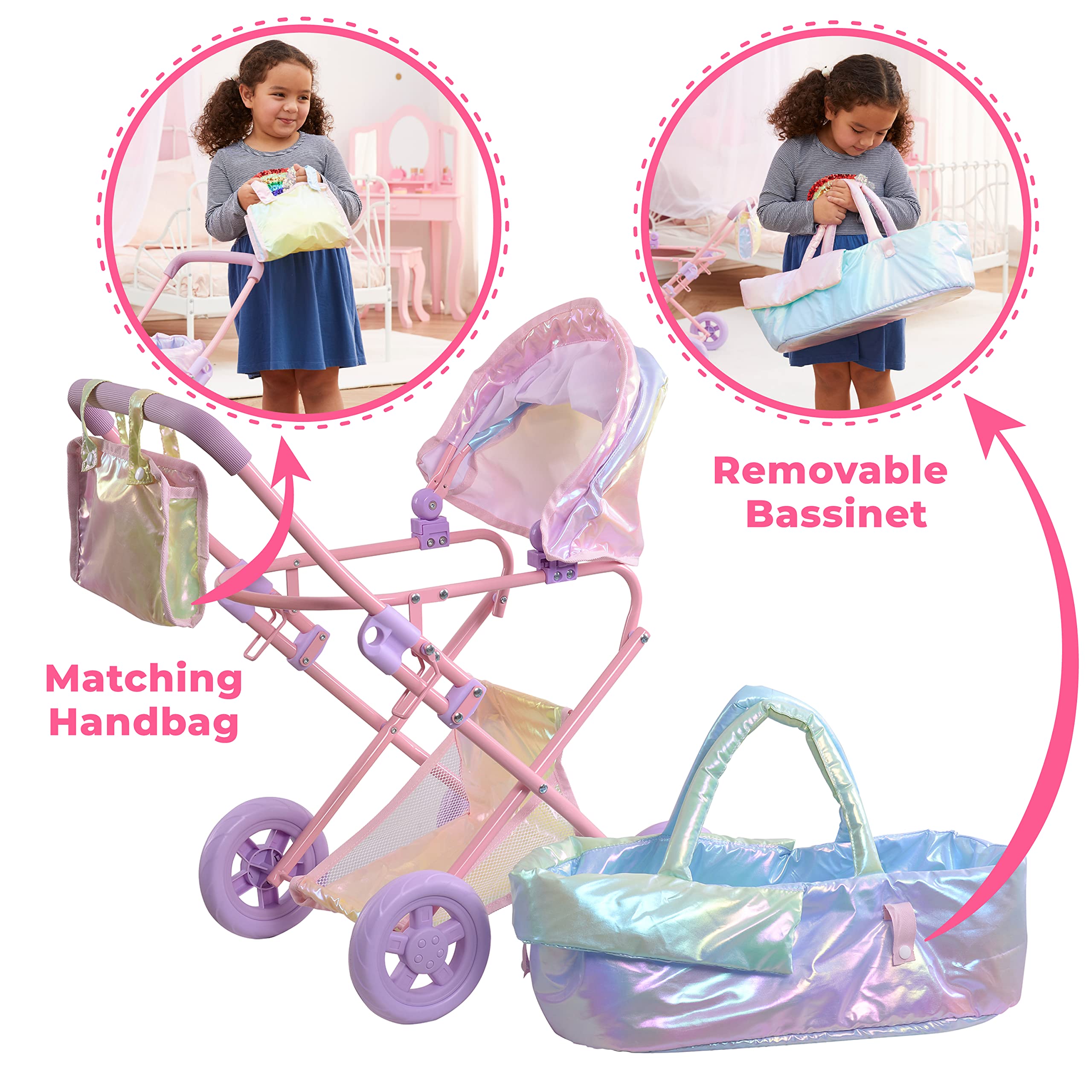 Olivia’s Little World - Baby Doll Bassinet Stroller, Baby Doll Pram Stroller Buggy for 3 Year Old Girls Toddlers, 2 in 1 Deluxe Doll Stroller for up to 16