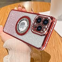 Losin Compatible with iPhone 15 Pro Max Magnetic Glitter Case Compatible with MagSafe Luxury Bling Rhinestone Case with Logo View Plating Sparkle Diamond Camera Lens Protection for Women Girls, Red