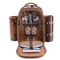 apollo walker Picnic Backpack Bag for 2 Person with Cooler Compartment, Detachable Bottle/Wine Holder, Fleece Blanket, Plates and Cutlery(2 Person, Brown)