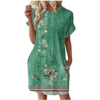 Women's Rolled Short Sleeve Tshirts Dress with Pockets Floral Gradient Stripes Print Knee Length Crewneck Dresses