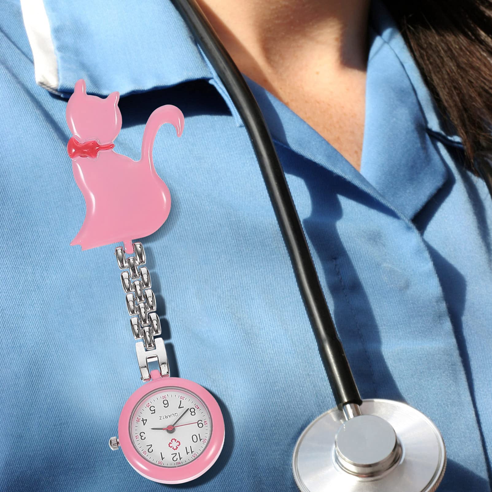 Hemobllo Clip Nurse Watch Clip- on Fob Watches Nurse Pocket Watch Cat Badge Watch Glow in Dark Quartz Watch for Paramedic Nurses Doctors