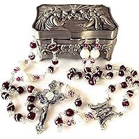 elegantmedical HANDMADE STERLING SILVER UNDOUBTED RUBY BEADS ROSARY CROSS CATHOLIC NECKLACE GIFT BOX