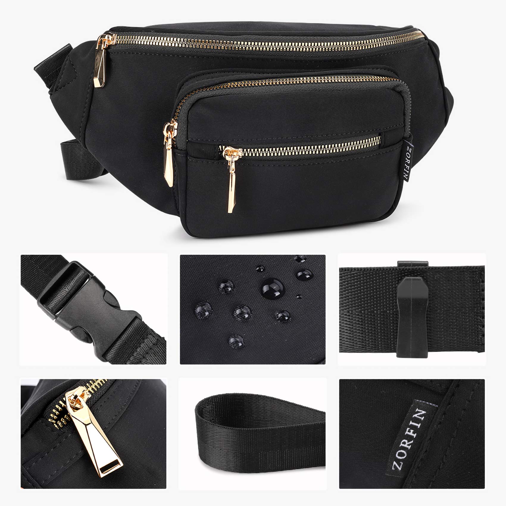 ZORFIN Fanny Packs for Women Men, Fashion Waist Packs, Lightweight Crossbody Bags Belt Bag for Women with Adjustable Strap for Shopping/Casual/Running (Black)