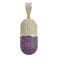 Jewelry Hip Hop Iced Out Bling CZ Capsule Medicine Pill Holder Container Pendant Cremation Urn Necklace with 24 Inch Stainless Steel (Gold+Purple)