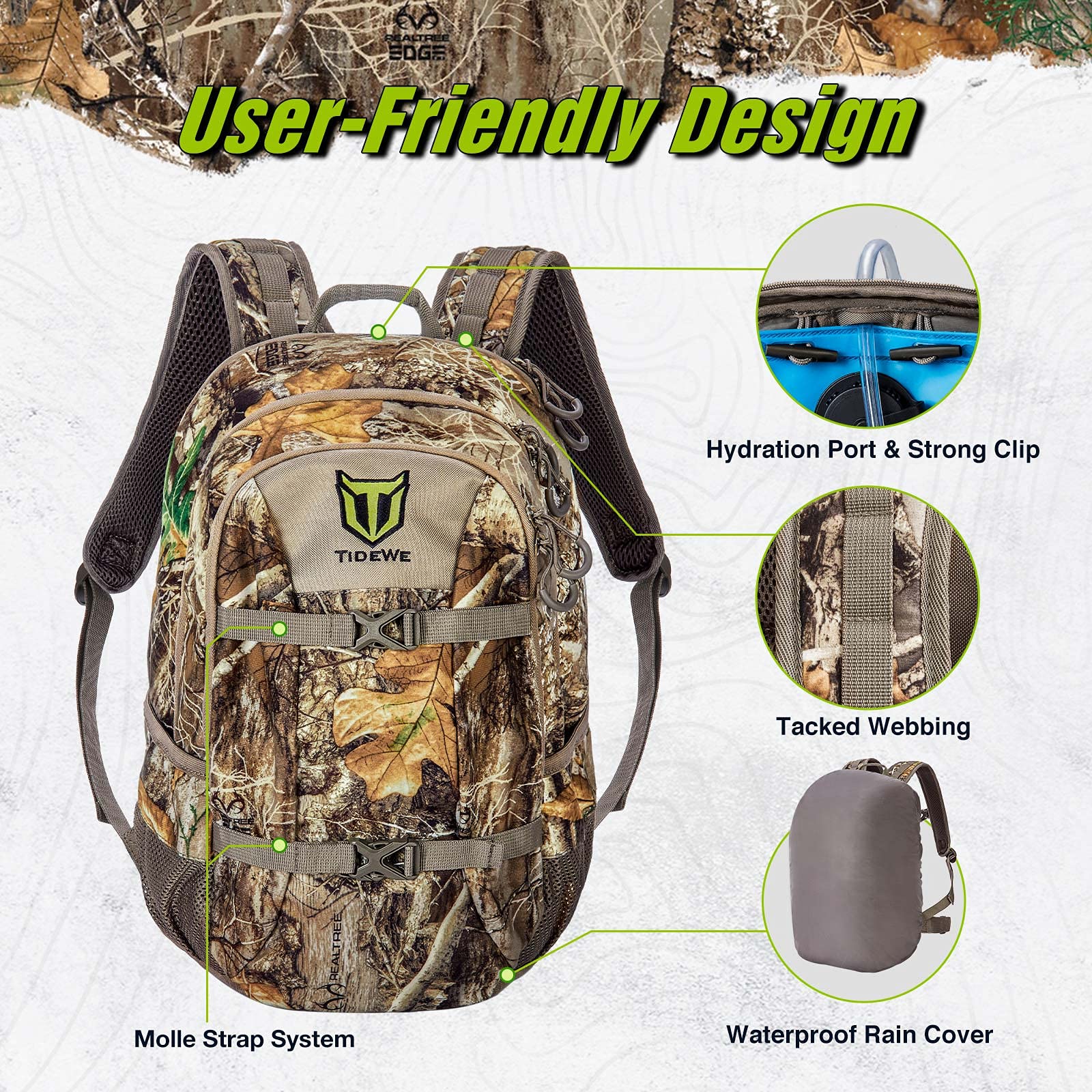 TIDEWE Hunting Backpack with Waterproof Rain Cover, 25L Realtree Edge Camo, Durable Day Pack for Bow Rifle Gun