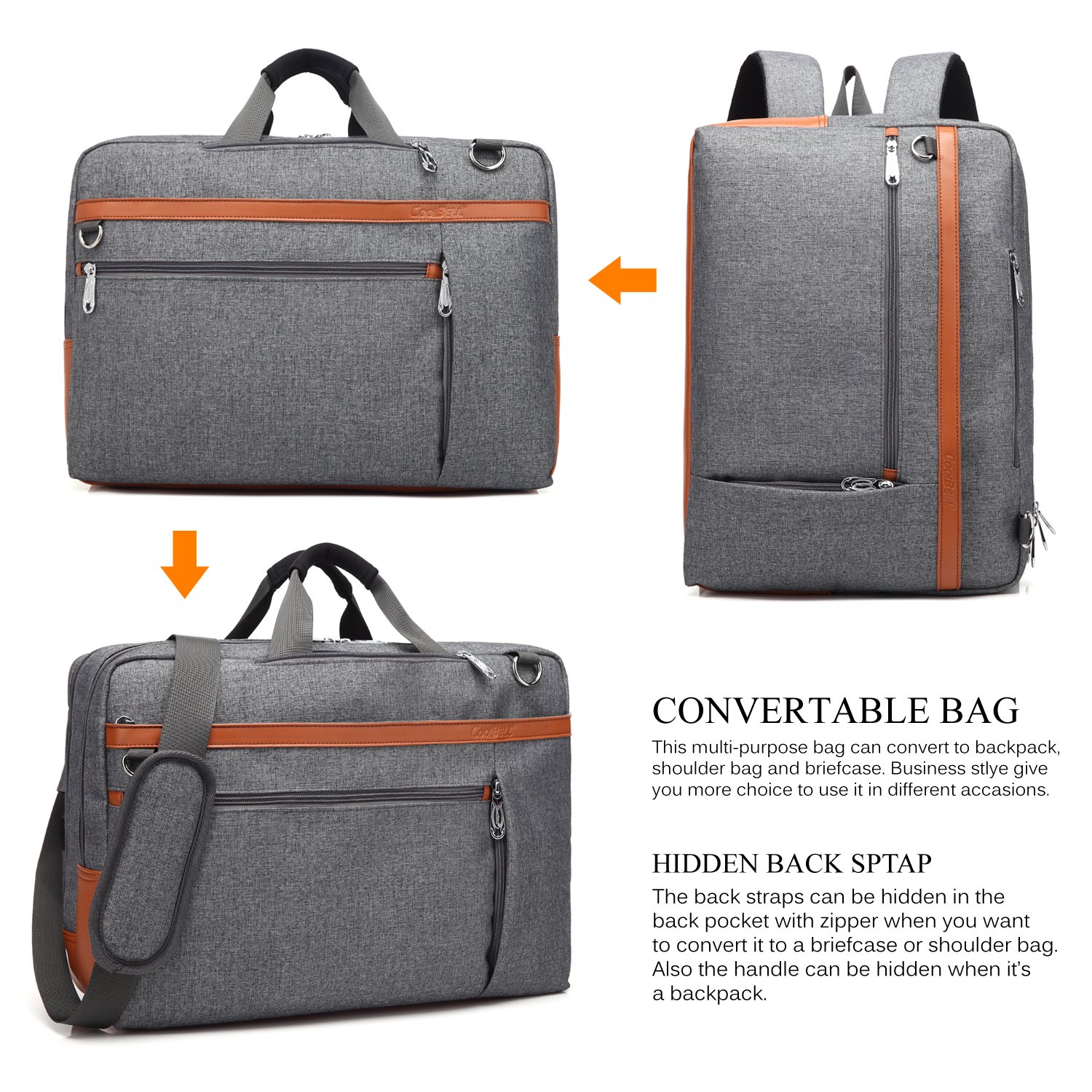 CoolBELL Convertible Backpack Shoulder bag Messenger Bag Laptop Case Business Briefcase Leisure Handbag Multi-functional Travel Rucksack Fits 17.3 Inch Laptop For Men/Women/Travel (New Grey)