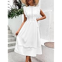 2023 Women's Dresses Guipure Lace Insert Ruffle Trim Dress Women's Dresses (Color : White, Size : X-Large)