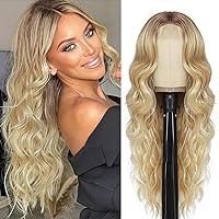 NAYOO Blonde Wavy Wig for Women 26 Inch Synthetic Curly Middle Part Wig Natural Looking Curly Wig Heat Resistant Fibre for Daily Party Use (Ombre Blonde mixed 613#)