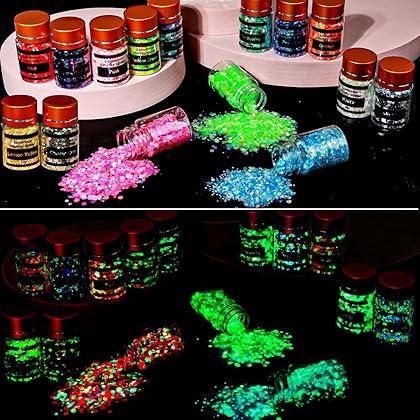 Glow in The Dark Chunky Glitter for Nails, Cridoz 15 Colors High Luminous Glitter Cosmetic Eyeshadow Loose Glow Glitter for Halloween Festival Body Eye Face Hair and Resin (150 Grams)