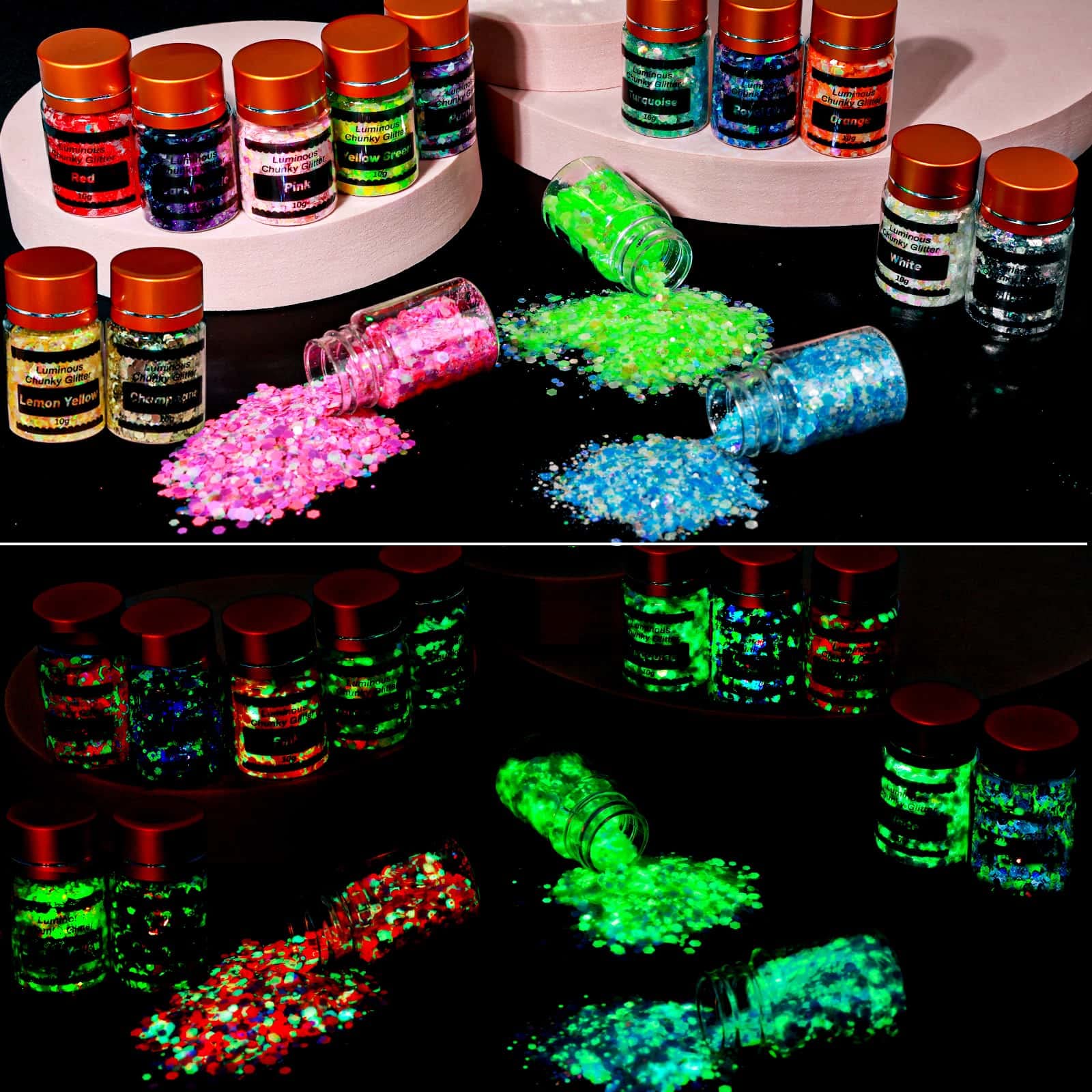 Glow in The Dark Chunky Glitter for Nails, Cridoz 15 Colors High Luminous Glitter Cosmetic Eyeshadow Loose Glow Glitter for Halloween Festival Body Eye Face Hair and Resin (150 Grams)