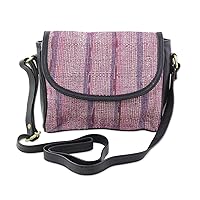NOVICA Handmade Leather Accented Cotton Messenger Bag in Raisin from India Purple Bodacious Shoulder Patterned Recycled Woven Eco Friendly 'Sunlight Raisin'