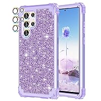 LONTECT for Galaxy S23 Ultra Case Glitter Three-Layer Shockproof Heavy Duty Full Body Sturdy Protective Case with 2 Camera Lens Protectors for Samsung Galaxy S23 Ultra 5G,Shiny Purple