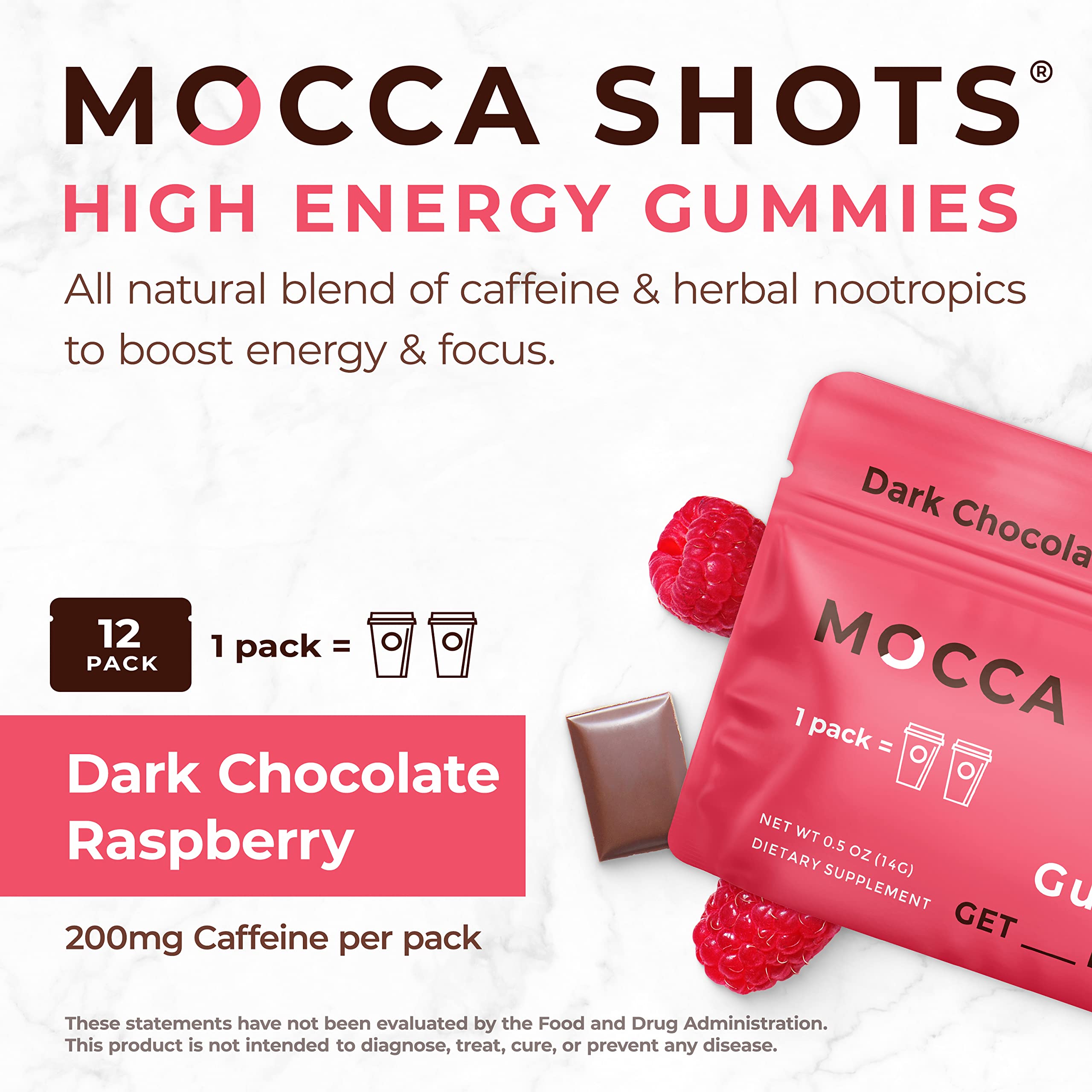 Seattle Gummy Company Caffeine Energy Gummies 12-Pack, Raspberry Chocolate Mocca Energy Chews, All-Natural Nootropic, Vegan, Plant-Based, Gluten Free, 200mg Caffeine
