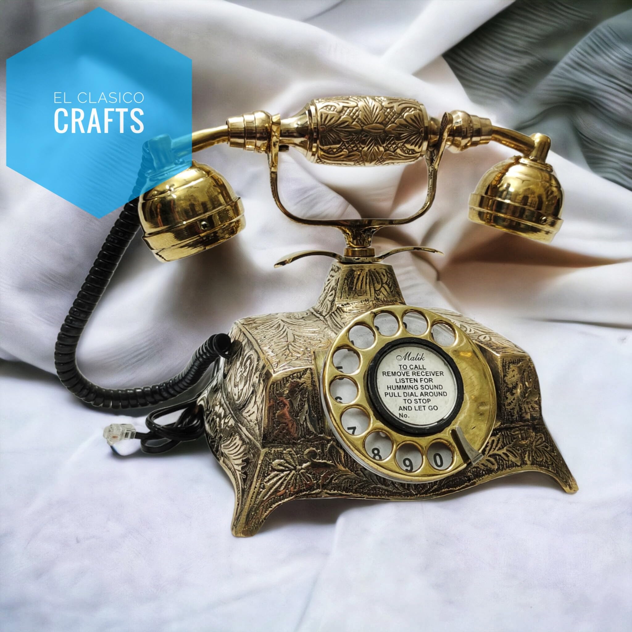 MM Nautical Engraved Flower Theme Brass Vintage Rotary Phone Old Fashioned Telephone French Victorian Tabletop Desk Working Phone by Modern Miracles