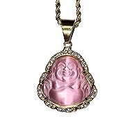 Laughing Buddha Pink Jade Iced Diamond Pendant Necklace Rope Chain Genuine Certified Grade A Jadeite Jade Hand Crafted, Natural Green Obsidian Healing Crystal Buddha Mala Statue Prayer Necklace