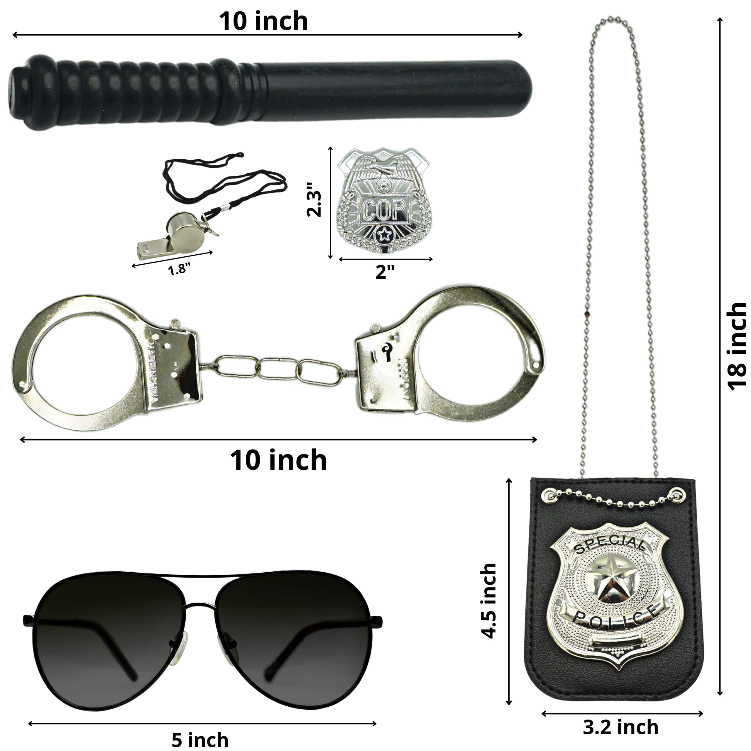 6 Pcs Set Police Accessories for Kids - Police Baton, Badge, Handcuffs, Whistle, Sunglasses, Cop Badge, Police Gear for Pretend Play, Dress Up, Christmas Gift & Stocking Stuffer by 4E's Novelty