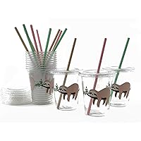Pink Sloth Birthday Party Plastic Drink Cups Lids Paper Straws Favors (12 Set)