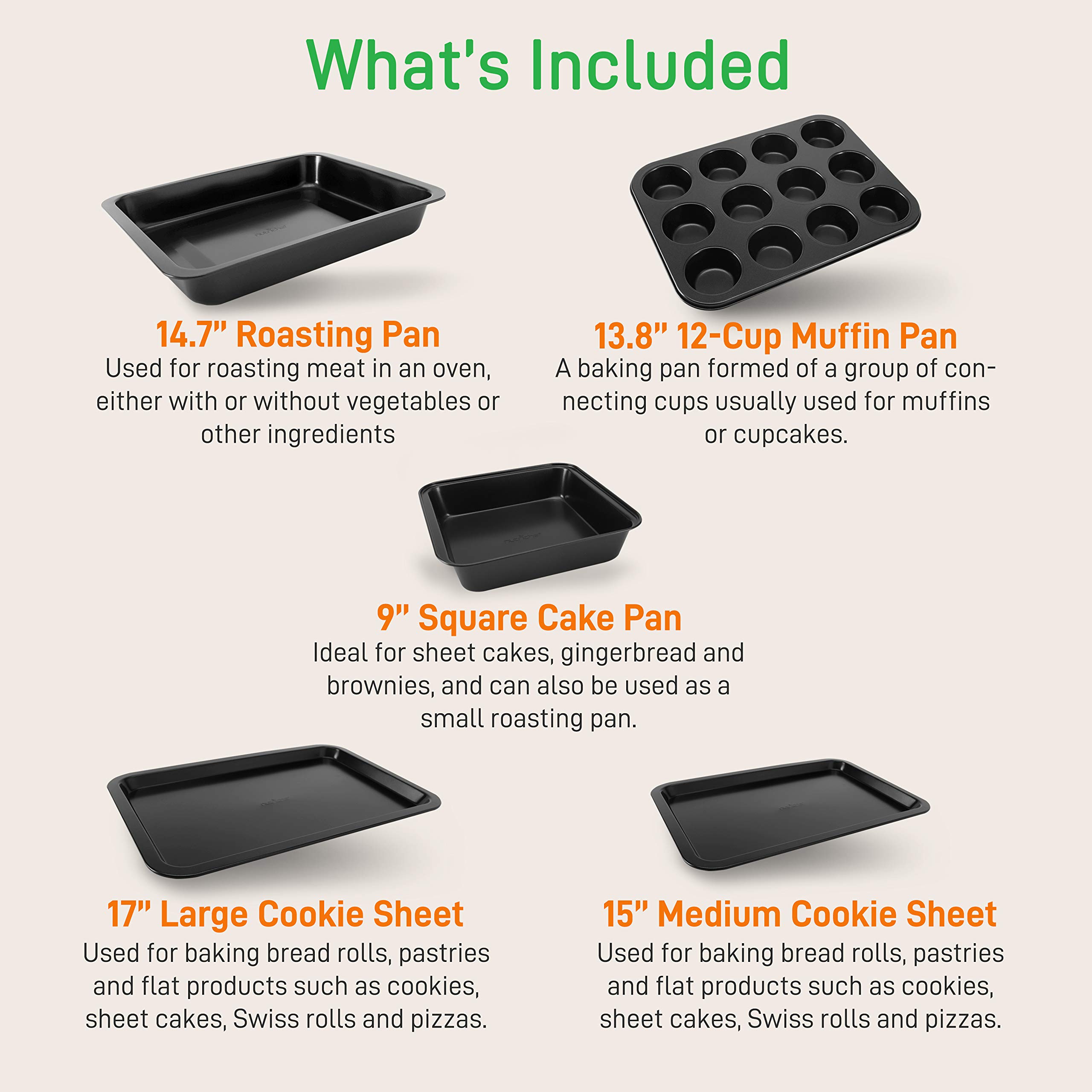 NutriChef 10-Piece Kitchen Oven Baking Pans - Deluxe Carbon Steel Bakeware Set with Stylish Non-stick Gray Coating Inside and Out, Dishwasher Safe & PFOA, PFOS, PTFE Free - NutriChef