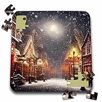 3dRose Snowfall in a Fairy Town. Old Houses, lamp Post, Moon, Charming Art - Puzzles (pzl-373752-2)