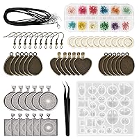 HOMEIDOL Resin Jewelry Molds Pendant Trays Making Kit with 30Pcs 5 Styles Metal Pendant, 1Pc Silicone Epoxy Molds, Earring Posts, Dried Flowers,Wax Rope Necklace, Finger Protector and Tweezers