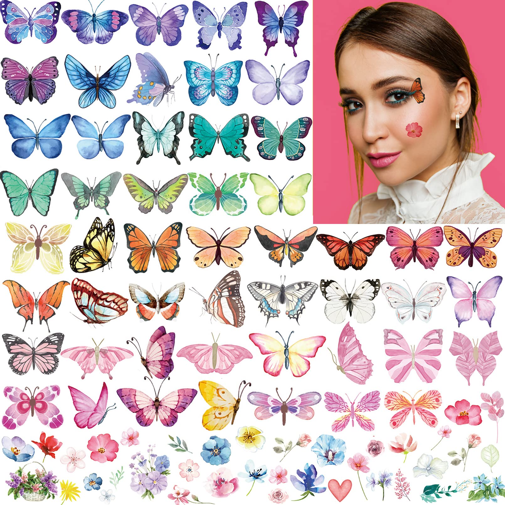 Coszeos 100Pcs Butterfly Temporary Tattoos for Kids Women Girls, Fake Colorful Butterflies Wings Flower Tattoo Stickers Art Waterproof for Face Body Arm Birthday Party Favors Makeup Supplies Gifts
