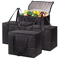 Set of 4 Large Insulated Reusable Grocery Bags with Sturdy Zipper and Handles, Foldable Washable Heavy Duty Cooler Totes for Hot or Cold Food Delivery, Groceries, Travel, Shopping