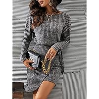 Women's Casual Ladies Comfort Dresses Drop Shoulder Knot Side Wrap Dress Leisure Perfect Comfortable Eye-catching (Color : Dark Grey, Size : Large)