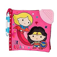 Warner Bros. DC Girl Squad 5 Inch Soft Book with On The Go Clip, Rattle, Crinkle Sound, Mirror, Slider, Teether, and Peek-A-Boo Flap for Babies and Toddlers First Book