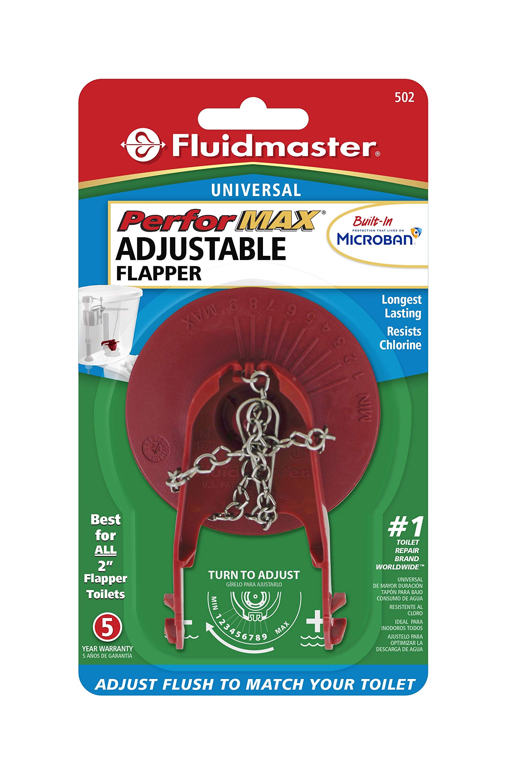 Fluidmaster 502P21 PerforMAX Universal Water-Saving Long Life Toilet Flapper for 2-Inch Flush Valves, Adjustable Solid Frame Design, Easy Install, Red, 1 pack