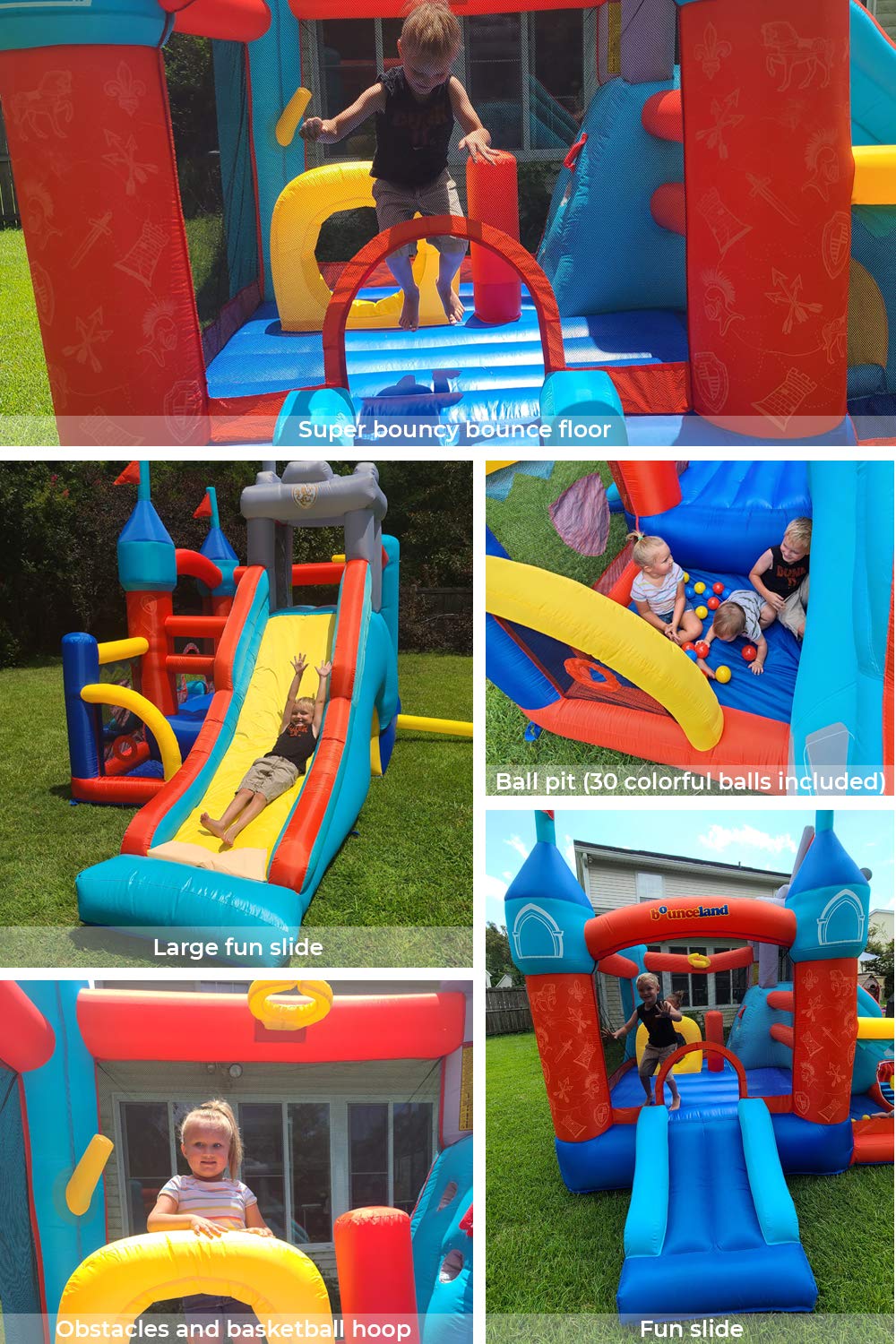 Bounceland Medieval Bounce Castle Bounce House with Slide & Ball Pit, Basketball Hoop and Ball Toss Game Included, Long Fun Slide, Obstacle Courts, Comes with UL Certified Blower Fun Party
