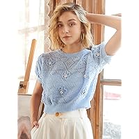 Women's Tops Shirts Sexy Tops for Women Floral Pattern Pearl Beaded Puff Sleeve Knit Top Shirts for Women (Color : Baby Blue, Size : Small)