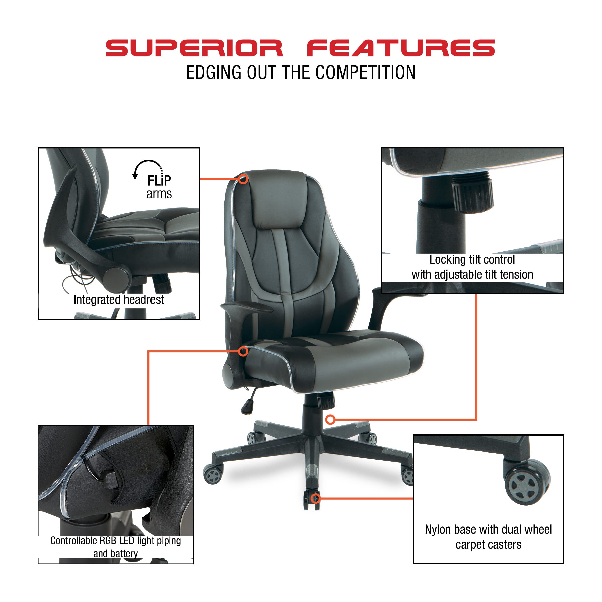 OSP Home Furnishings Output Mid-Back LED Lit Gaming Chair, Black Faux Leather With Grey Trim and Accents
