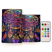 Colorful Dreamcatcher with Moon Stars Flickering Flameless Candles Battery Operated with Remote Timer,Tea Light Candles LED Pillar Votive Candles Set of 2 for Outdoor Indoor Decorations