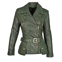 Ladies Real Leather Hip Length Belted Biker Casual Jacket Celia Green