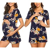 Ekouaer Maternity Nursing Pajamas Set Short Sleeve Breastfeeding Sleepwear Double Layer Postpartum Top and Shorts Set