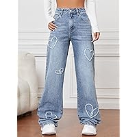 Jeans for Women Pants for Women Women's Jeans Heart Pattern Wide Leg Jeans (Color : Light Wash, Size : W30 L32)