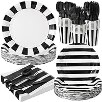 350 Pcs Black and White Party Decorations Include 100 Striped Paper Plates 50 Paper Cups 50 Napkins 50 Knives 50 Forks 50 Spoons, Black and White Disposable Dinnerware Set, Serves 50 Guests