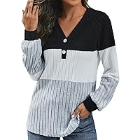 Women's Blouses Dressy Casual Autumn and Winter Fashion Casual Long Sleeve V-Neck Contrast Top Shirts, S-2XL