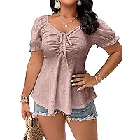 SOLY HUX Women's Plus Size Puff Short Sleeve Drawstring Sweetheart Neck Peplum Tee Eyelet Embroidery T Shirt Tops