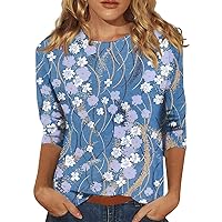 3/4 Sleeve Blouses for Women Vintage Ethnic Floral Shirt Casual 3/4 Sleeve Crew Neck Blouse Boho Tunic Tops