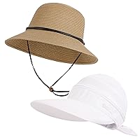 Women's Wide Brim Straw Sun Hat with Lanyard/Women UPF 50+ UV Sun Protective Beach Visor