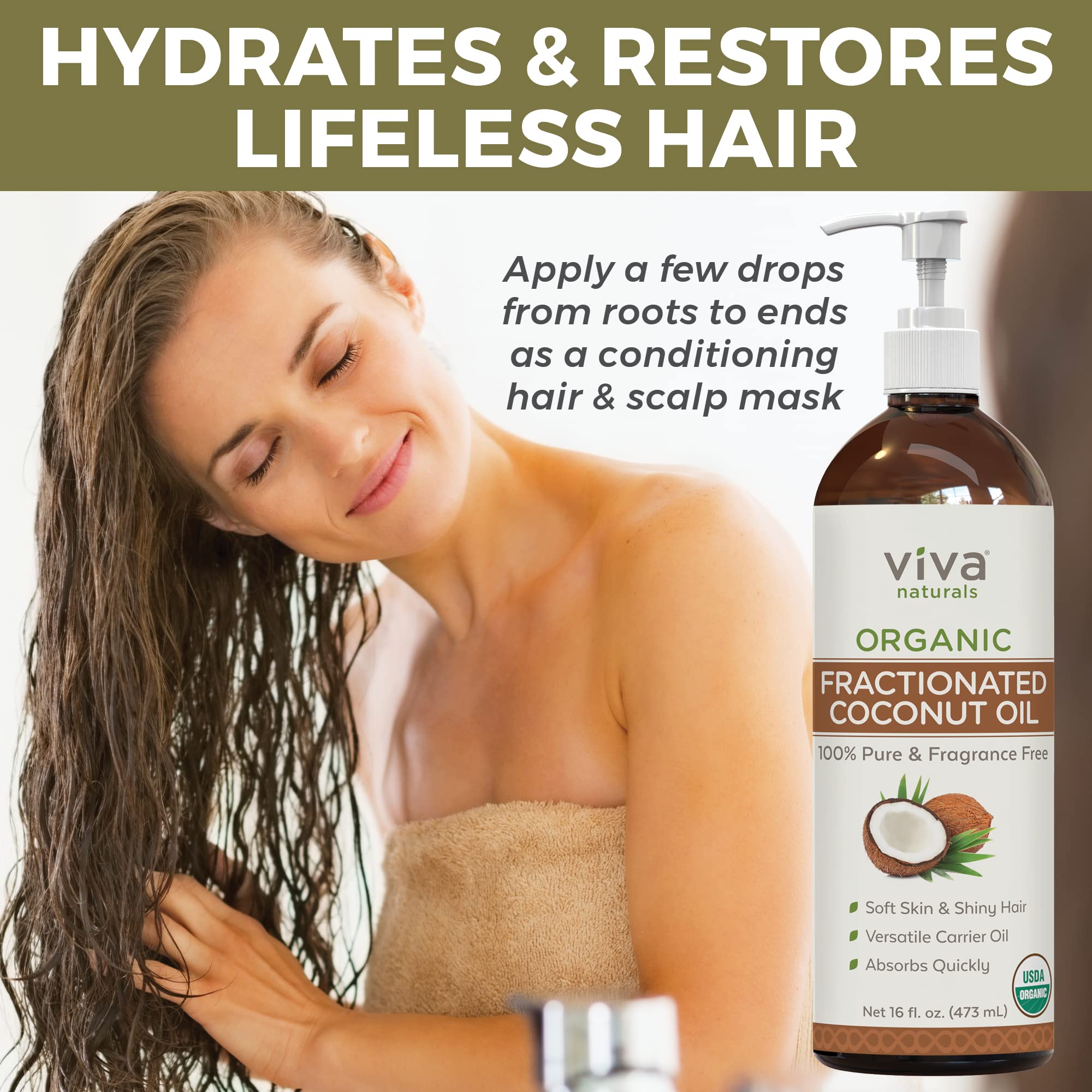 Viva Naturals Organic Fractionated Coconut Oil 16oz- Moisturizing Hair & Body Oil, Carrier Oil