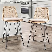 400lbs Capacity Rattan Counter Height Bar Stools, 36.5 Inches Height Outdoor Counter Stools Set of 2 with Comfort Cushion, Solid Steel Frame & Durable Power Coating, Easy Assembly