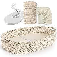 UBBCARE Baby Changing Basket, Cotton Rope Moses Basket for Newborn, Foam Pad Changing Basket with Waterproof Cover, Unisex Changing Table Topper for Dresser - Beige