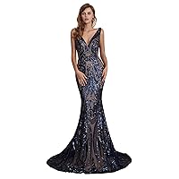 Women's V-Neck Sequins Sleeveless Lace-up Mermaid Evening Dress