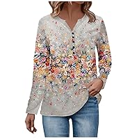 Tunic Tops Women's Button Neck Tops Women's Casual Everyday Tops Long Sleeve V Neck Fashion Print Shirt Tops