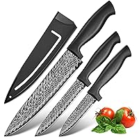 3 Pcs Kitchen Knife Set with Cover, Black Knives Set for Kitchen Stainless Steel, Damascus Pattern Chef Knife set with Sheath, Sharp Cutting Knives for Cooking