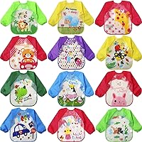 12 Packs Art Smock Painting Apron Waterproof Toddler Paint Smock with Long Sleeve Washable Bib for Baby Toddler Arts and Crafts Supplies Coloring Eating Kids Aged 1-4 Years