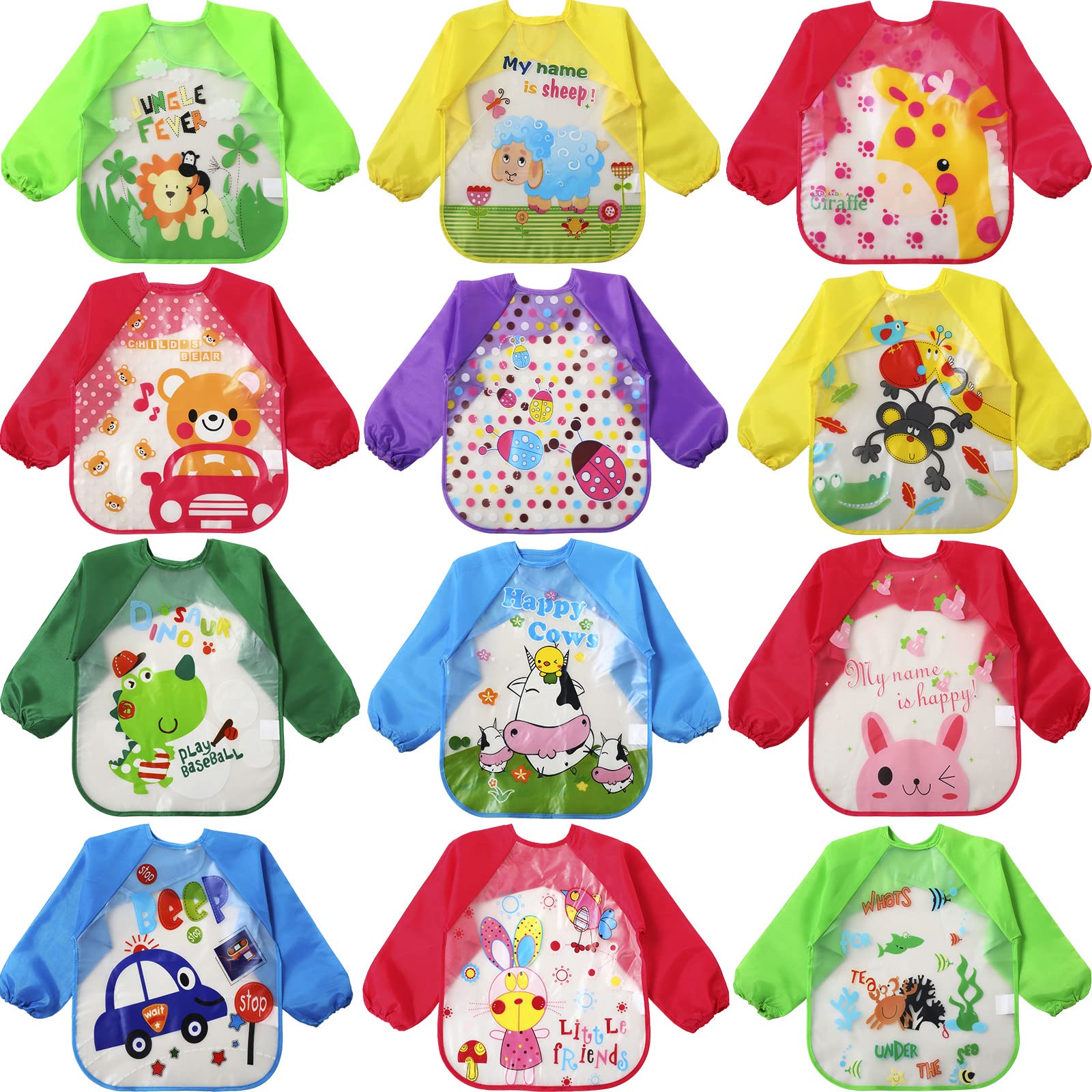 JaGely 12 Pcs Kids Art Smocks Toddler Art Smock Waterproof Kids Painting Aprons Children's Artist Apron with Long Sleeve Washable Bib for Baby Arts and Crafts Supplies Coloring Eating Aged 1-4 Years